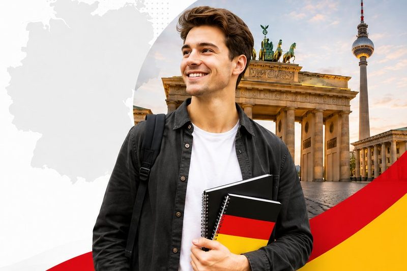 Étudiant souriant devant la porte de Brandebourg à Berlin